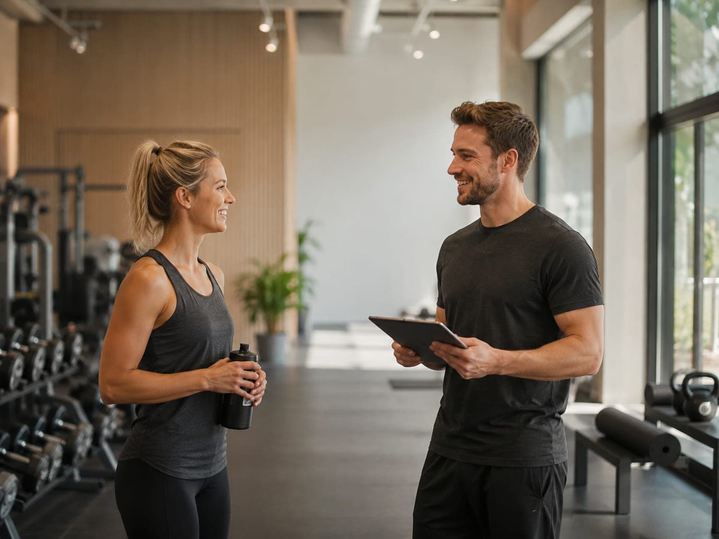 En gymmedarbetare samtalar med en besökare på gymmet