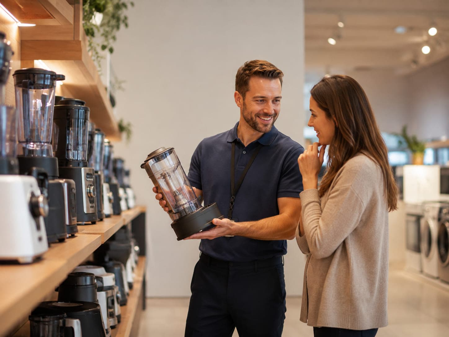 En säljare visar en blender för en kund i en elektronikbutik