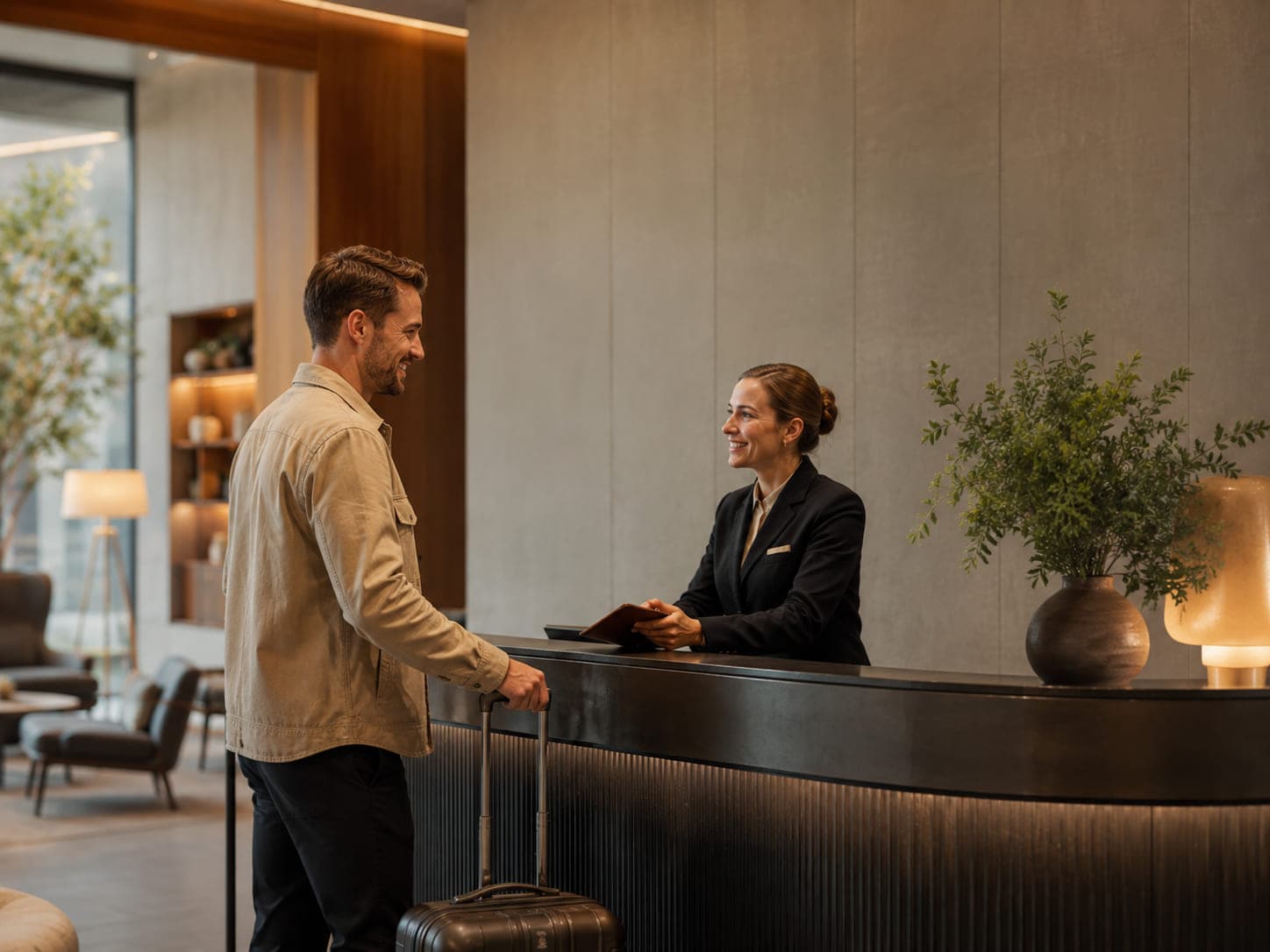 En receptionist välkomnar en gäst vid hotellets receptionsdisk