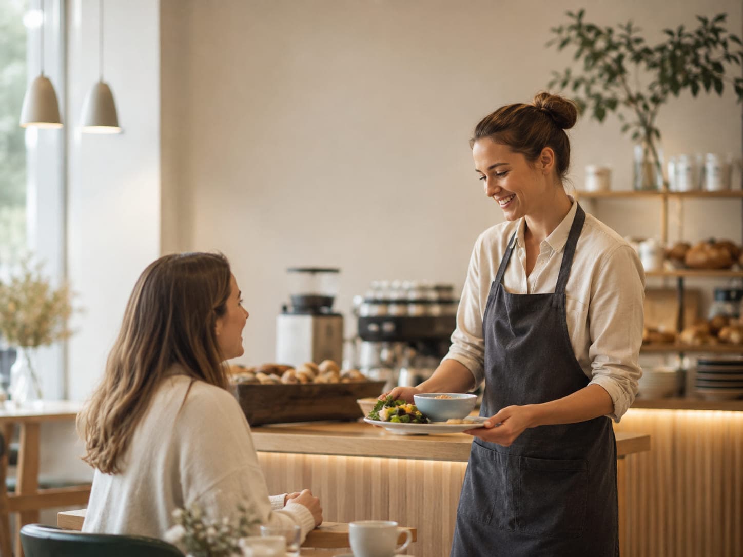 En medarbetare serverar mat och samtalar med en gäst på ett café