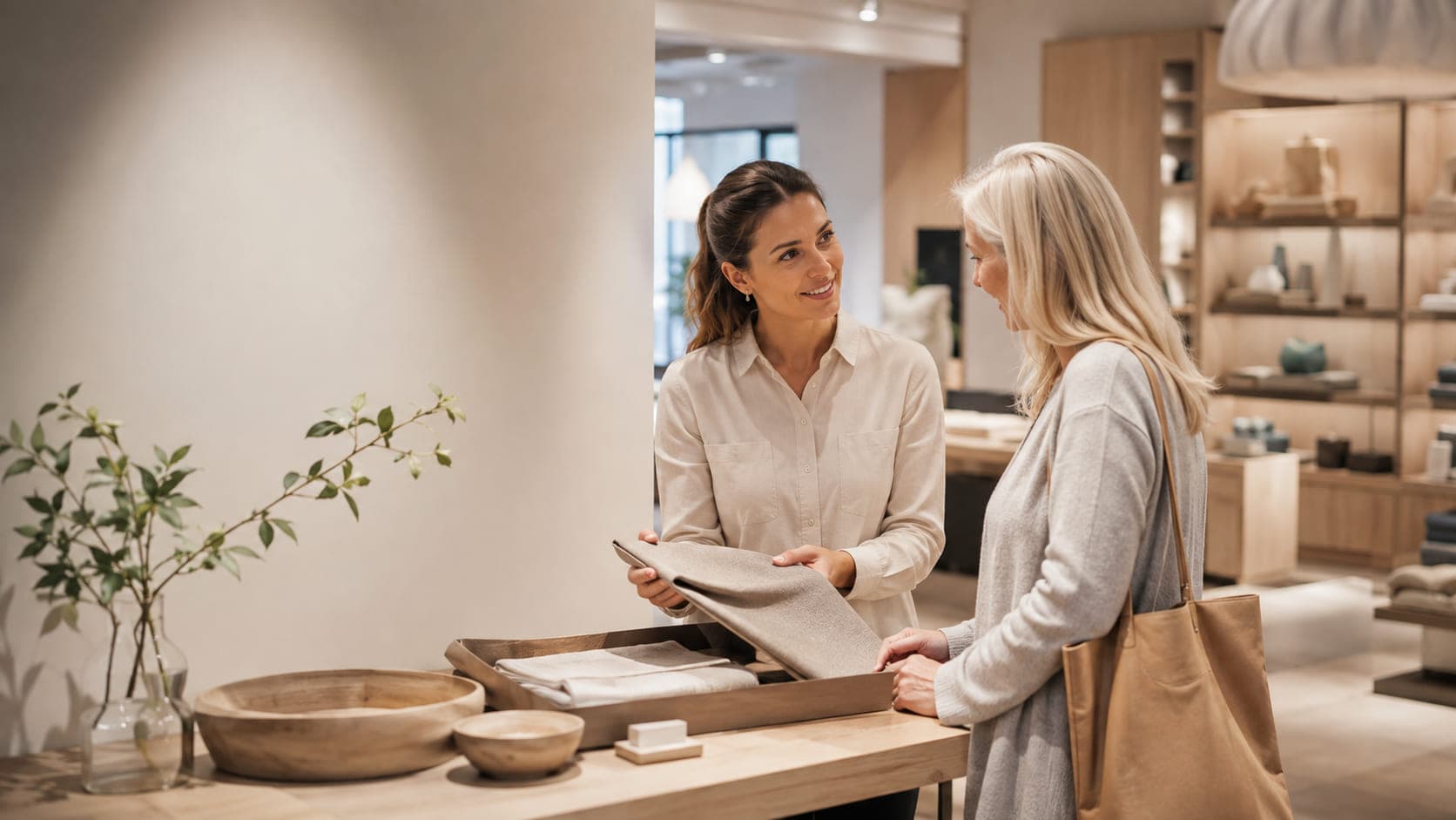 En butiksmedarbetare hjälper en kund att välja en produkt